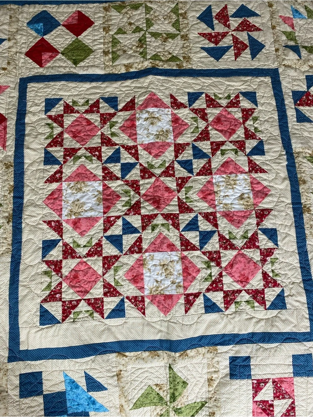 Handmade Patchwork Quilt Bedspread in Cream, Red, Blue & Green by